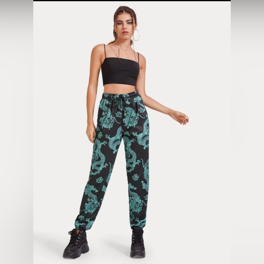 Motel Rocks Black Joggers with Teal Dragon Print